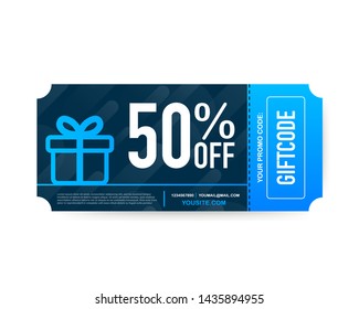 Template Red And Blue Gift Card. Promo Code. Vector Gift Voucher With Coupon Code. Vector Stock Illustration.