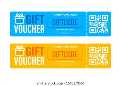 Template red and blue gift card. Vector Gift Voucher with Coupon Code. Discount voucher. Vector stock illustration.