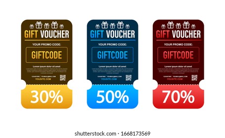 Template red and blue gift card. Vector Gift Voucher with Coupon Code. Discount voucher. Vector stock illustration.