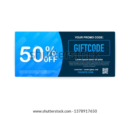 Template red and blue gift card. 500 dollars voucher. Vector Gift Voucher with Coupon Code. Vector stock illustration.