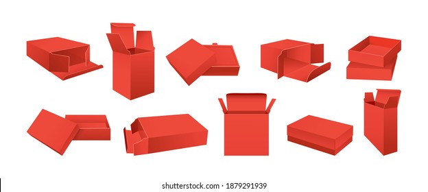 Template red box set mockup. Blank realistic product packaging, gift boxes collection. Carton cardboard angle side, front view. Opened, closed paper package different positions. Vector illustration