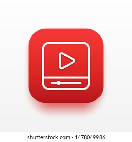 Template red button app movie player with shadow. Web element, icon, symbol, sign, logo. Vector illustration. EPS 10
