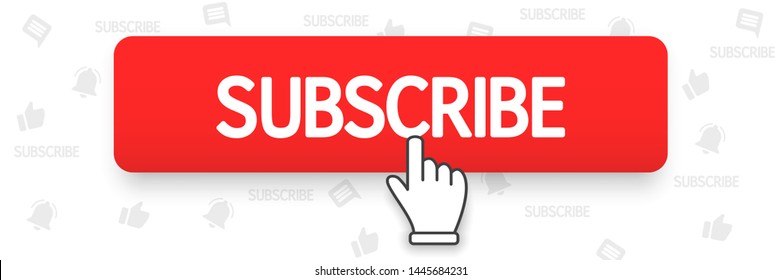 Template red button subscribe and hand cursor. Subscribe to the channel. Blogging, streaming. Social media concept. Vector illustration. EPS 10