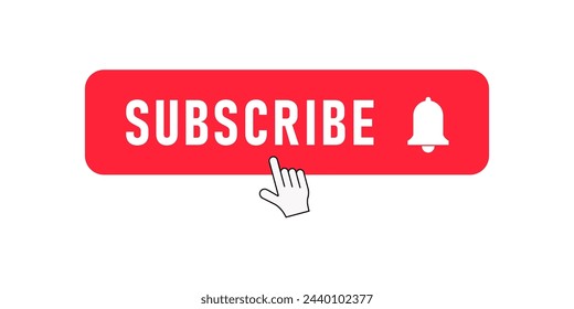 Template red button subscribe and hand cursor. Subscribe to the channel. Blogging, streaming. Social media concept. Vector illustration. EPS 8