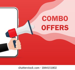 Template with red combo offers megaphone on red background for flyer design. Vector illustration in flat style.