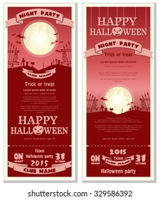 Template red flyer invitation for Halloween night party. Full moon over the cemetery.