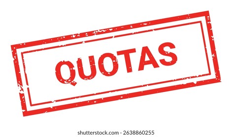 Template of red grunge rubber stamp with text QUOTAS inside rectangle. Trade bans, geopolitical conflicts, tariffs, embargo. Vector stumped text isolated on transparent background. Design element.