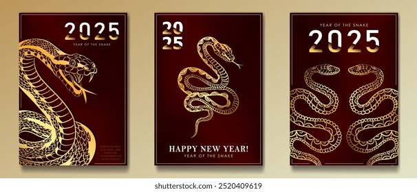 Template of red luxury posters with various coiled gold reptiles and for 2025 Chinese New Year of the Snake. Greeting cards with hand drawn linear snakes as Oriental horoscope sign. Christmas holidays