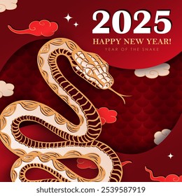 Template of red luxury square banner with hand drawn snake, clouds, stars, reptile scales and greeting text. Lunar New Year 2025 flyer, poster in asian style with oriental zodiac sign. Christmas card