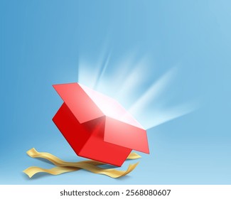 Template red open empty gift box with rays of light inside. Vector mockup with copy space