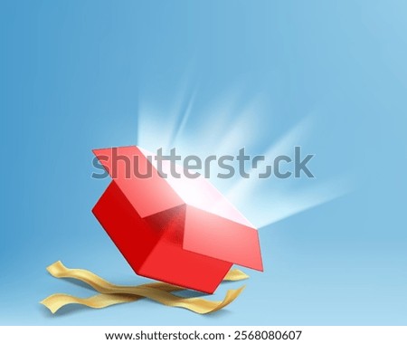 Template red open empty gift box with rays of light inside. Vector mockup with copy space