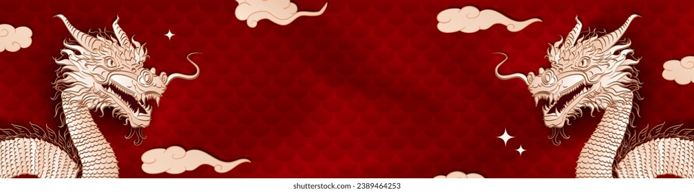 Template of red panoramic banner with golden chinese dragon, clouds, stars, dragon scales and empty space for text. New Year 2024, Christmas blank header in asian style. 