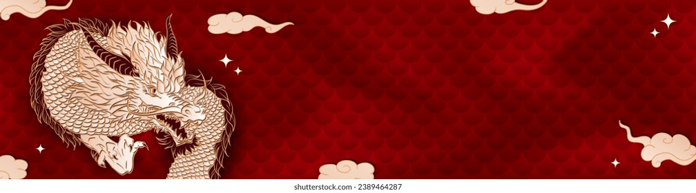 Template of red panoramic banner with golden chinese dragon, clouds, stars, dragon scales and empty space for text. New Year 2024, Christmas blank header in asian style. 