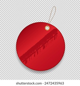 Template of red price tag with blank space for text on transparent background. Mock up of bright discount paper label, shopping card, promotion badge, sticker or gift tag with a string for hanging