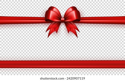 Template of red realistic 3d bow with horizontal ribbon on transparent background. Bright glossy three dimensional bow knot with silk or satin tape as gift wrapping element or present decoration