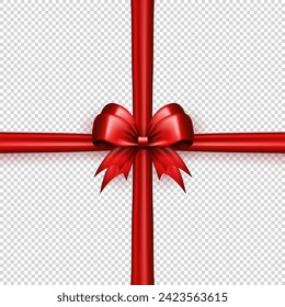 Template of red realistic 3d bow knot with crossed ribbon on transparent background. Bright glossy three dimensional crisscross tied bow with silk tape as gift wrapping element or present decoration
