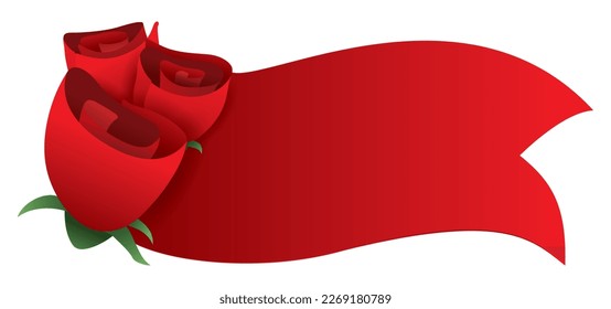 Template with red ribbon and three roses for special events. Design in gradient effect over white background.