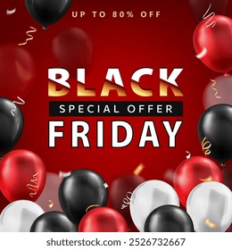 Modelo de banner de VENDAS vermelho com balões 3d brilhantes e fitas de bobina brilhante, streamers de festa para o evento BLACK FRIDAY. Papel de parede de marketing, fundo com oferta especial para compras online