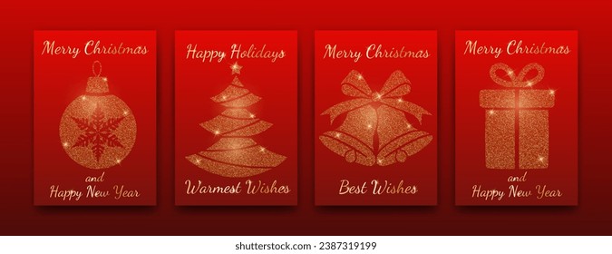 Template of red shiny Christmas and New Year greeting cards. Xmas elements and gold glitter decorations. Design concept for web banner, invitations, posters, flyers.