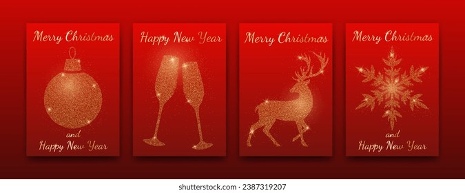 Template of red shiny Christmas and New Year greeting cards. Xmas elements and gold glitter decorations. Design concept for web banner, invitations, posters, flyers.