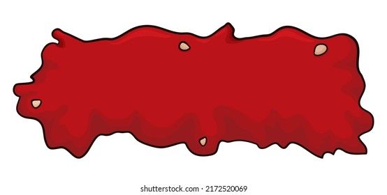 Signo rojo de plantilla como salsa de ketchup con algunas semillas de tomate, sobre fondo blanco.
