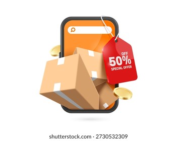 Etiqueta de la oferta especial roja de la Plantilla con el descuento del 50% que cuelga del smartphone con la caja de cartón, o la caja del producto en frente que indica la orden del Cliente, Vector 3D para las compras en línea, entrega