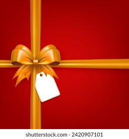 Template of red square banner with realistic 3d golden bow knot with crossed ribbons and paper label tag for note. Crisscross tied bow with silk tape as gift box wrapping or present decor for holidays