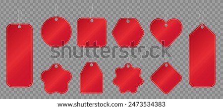 Template of red various price tags with blank space for text on transparent background. Mockup of discount paper labels, shopping cards, promotion badges, stickers or gift tags with string for hanging