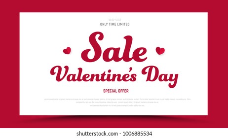 Template of a red vector banner with white rectangle for sale on Valentines Day. Design header, cards with text and hearts.