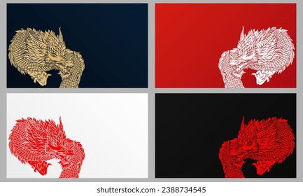 Template of red, white, black and blue banners with ink traditional Chinese dragon and place for text. Empty minimalist wallpapers in asian style with solid dragon as new year 2024 horoscope sign
