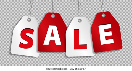 Plantilla de etiquetas de Precio colgantes rojas y blancas con letras en negrita y texto. Etiquetas de descuento, pegatinas, insignias en una cadena, perfecto para promocionar ofertas de Black Friday y otras ofertas especiales de compras