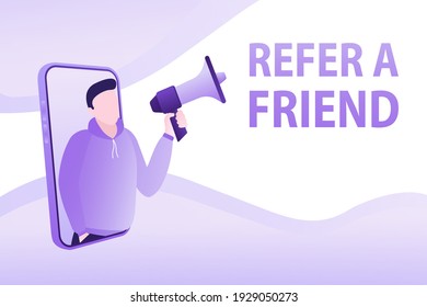 Template with refer a friend man holding megaphone on white background for flyer design. Vector illustration in flat style.