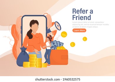 Template with refer a friend man holding megaphone on white background for flyer design. Vector illustration in flat style.