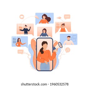 Template with refer a friend man holding megaphone on white background for flyer design. Vector illustration in flat style.