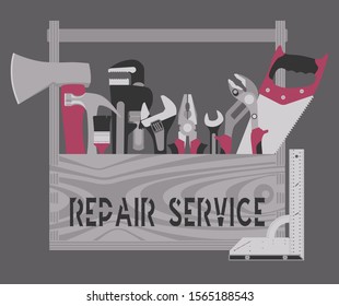 Template for repair service banner. Flat icons. Tools for house repair and constructing in a tool box. Vector illustration.