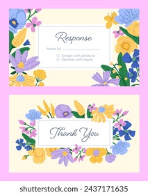 Plantilla de respuesta al conjunto de invitaciones. Tarjetas horizontales con decoración floral: flores silvestres, flores silvestres del prado. Marco botánico con lugar para texto en notas de boda. Ilustraciones de vector plano