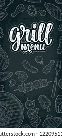 Template restaurant or cafe bbq menu. Grill calligraphic handwriting lettering. White vector vintage monochrome engraving illustration on dark