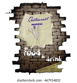 Template restaurant menu brick wall and a piece of paper with text and picture fork, spoon and knife. Image isolated on a white background, can be used with any text or image.