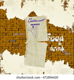 Template restaurant menu brick wall and a piece of paper with text and picture fork, spoon and knife. Can be used with any text or image. Achieved without Autotrace image.