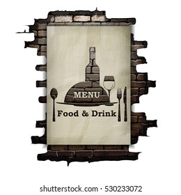 Template restaurant menu covers, wall paper and stencil, food and drink in the doorway of an old brick wall. The isolated image on a white background can be used with any text or background.