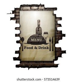 Template restaurant menu covers, wall paper and stencil, food and drink in the doorway of an old brick wall. The isolated image on a white background can be used with any text or background.