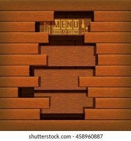 Template restaurant menu covers wood planks broken brick wall in the background. There is an empty space for text or image.