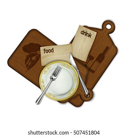 Template for restaurant menu, a cutting board with an old sheet of paper is familiar menus and a knife with a fork. Isolated object can be used with any image or text.