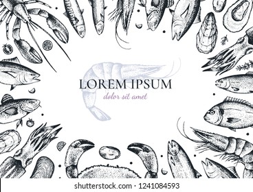 Template of restaurant menu with different seafood: lobster, crab, dorado, tuna, shrimp, codfish, mackerel, oyster, mussel, tuna, salmon and anchovy. Vector. Hand-drawn. Isolated on white.