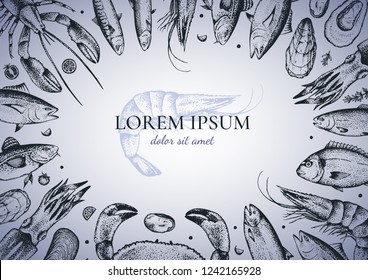 Template of restaurant menu with different seafood:lobster, crab, dorado, tuna, shrimp,codfish, mackerel, oyster, mussel, tuna, salmon and anchovy. Vector.Gradient fill. Hand-drawn. Isolated on white.