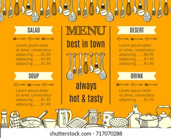 template restaurant menu with kitchenware and cutlery. Vector illustration