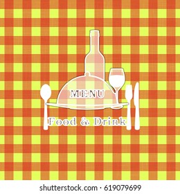 Template restaurant menu knife and fork on the tablecloth in a box of red.