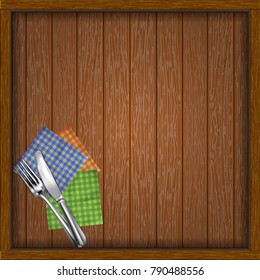Template for restaurant menu on the background of a wooden board with napkins and a frame. Isolated object.