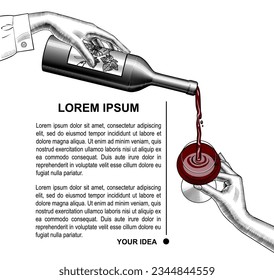 Template for the restaurant's wine list. A woman's hand pours a glass of red wine. Antique engraving, stylized drawing. Vector illustration