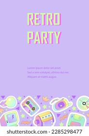 Template with retro objects for invitation, poster, advertising. 90s vibes. Space for text. Vector illustration.